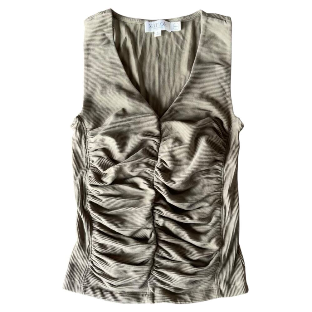 Nation Tara Tank Top S Green Olive V-Neck Ruched Organic Ethical Top Shirt